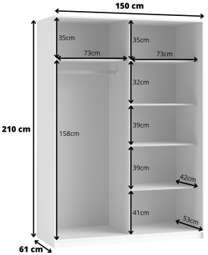 Гардероб Бета с 2 плъзгащи врати и огледало бял мат с дължина 120, 150, 180, 200 и 221 см