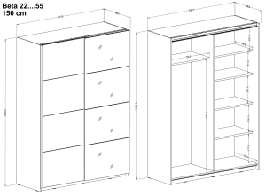 Гардероб Бета с 2 плъзгащи врати и огледало манастирски дъб с дължина 120,150,180, 200 и 221 см