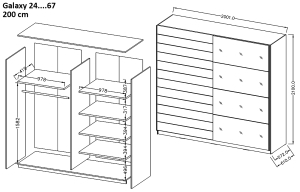 Гардероб Галакси с 2 плъзгащи врати манастирски дъб и черно стъкло с дължина 200, 220 и 270 см