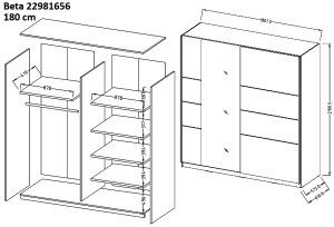 Гардероб Бета с 2 плъзгащи врати и огледало бял гланц с дължина 180, 200 и 221 см