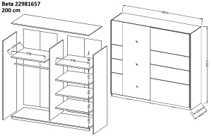 Гардероб Бета с 2 плъзгащи врати и огледало бял гланц с дължина 180, 200 и 221 см