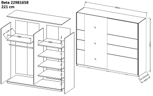 Гардероб Бета с 2 плъзгащи врати и огледало бял гланц с дължина 180, 200 и 221 см