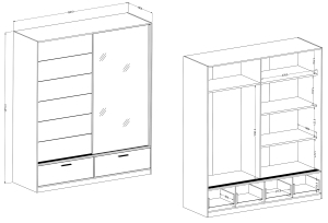 Гардероб Бета с 2 плъзгащи врати с огледало и 2 двойни чекмеджета дъб маувела с дължина 180 см