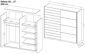 Гардероб Галакси с 2 плъзгащи врати без огледало бял мат и дъб бюфор с дължина 200, 220 и 270 см