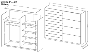 Гардероб Галакси с 2 плъзгащи врати без огледало бял мат и дъб бюфор с дължина 200, 220 и 270 см