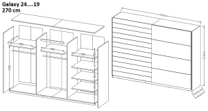 Гардероб Галакси с 2 плъзгащи врати без огледало бял мат и дъб бюфор с дължина 200, 220 и 270 см