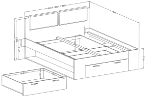 Легло Галакси с чекмедже и ниши избелен ясен за матрак с размер 140/200, 160/200 или 180/200 см
